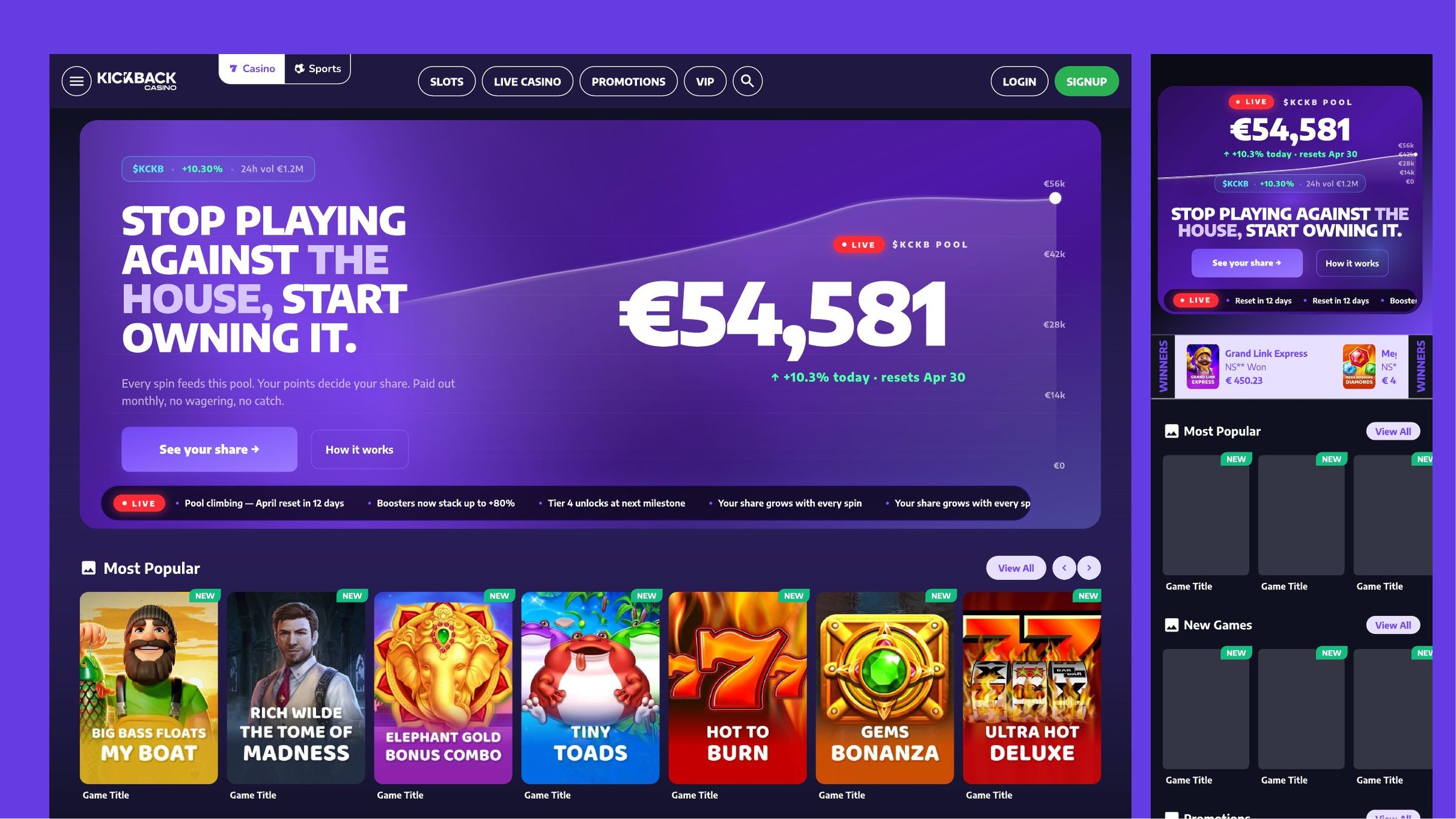 Kickback Casino lobby, desktop and mobile, with the live Kickback Pool hero