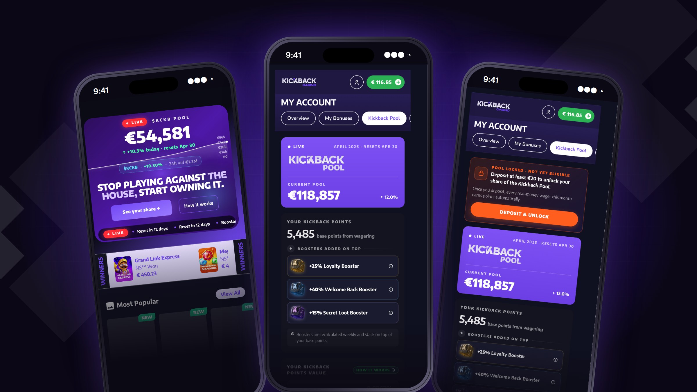 Kickback mobile site: lobby with live pool, My Account Kickback Pool tab, and pool-locked state