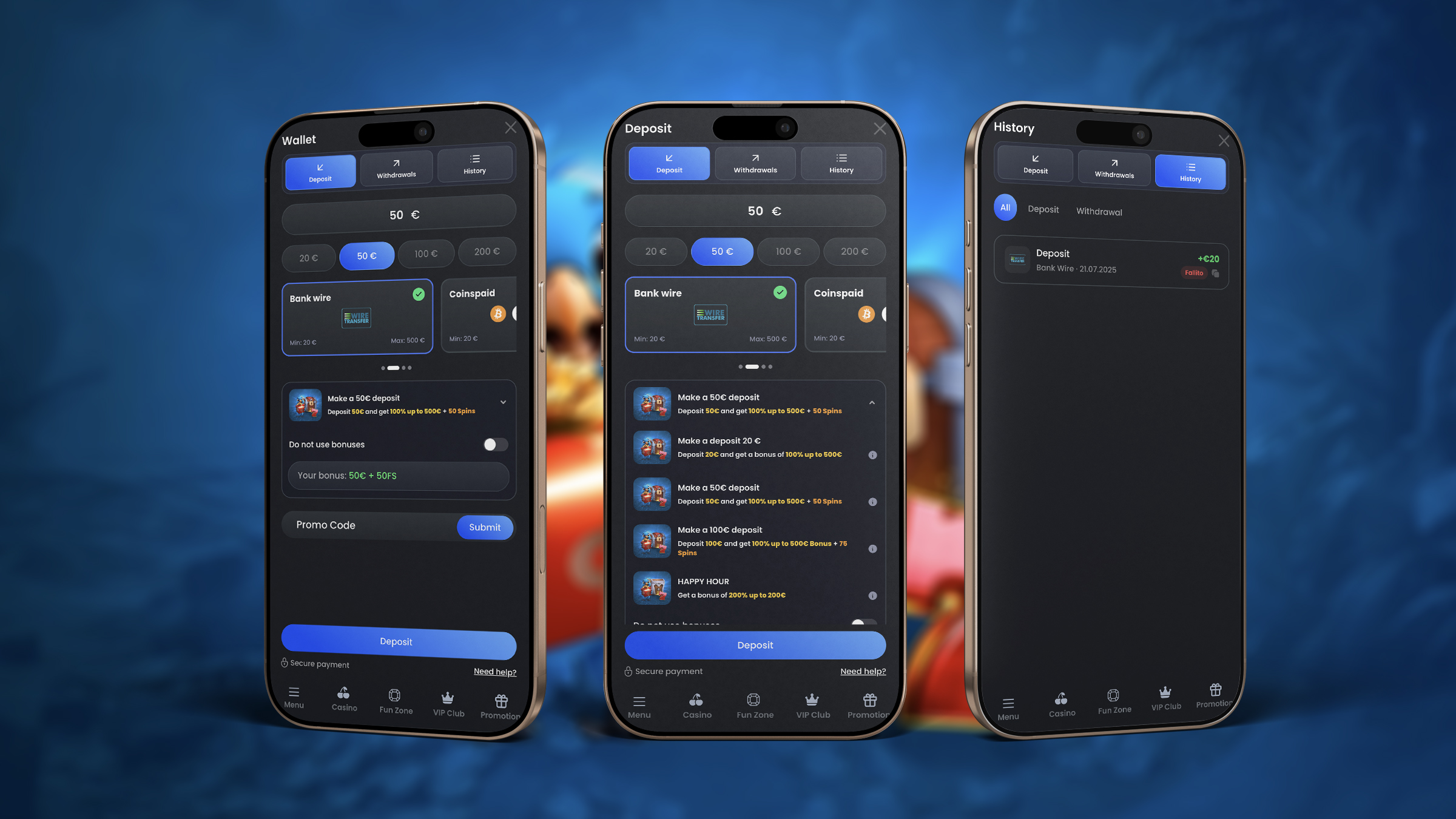 Monaco Jack · Cashier flow — deposit, bonus picker, history