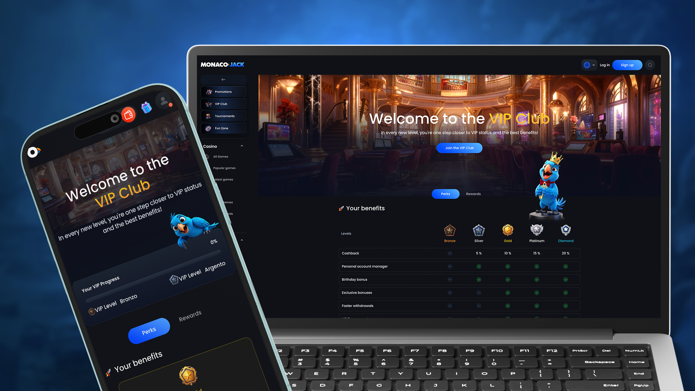 Monaco Jack · VIP Club — 5-tier ladder, Perks vs Rewards, web & mobile parity