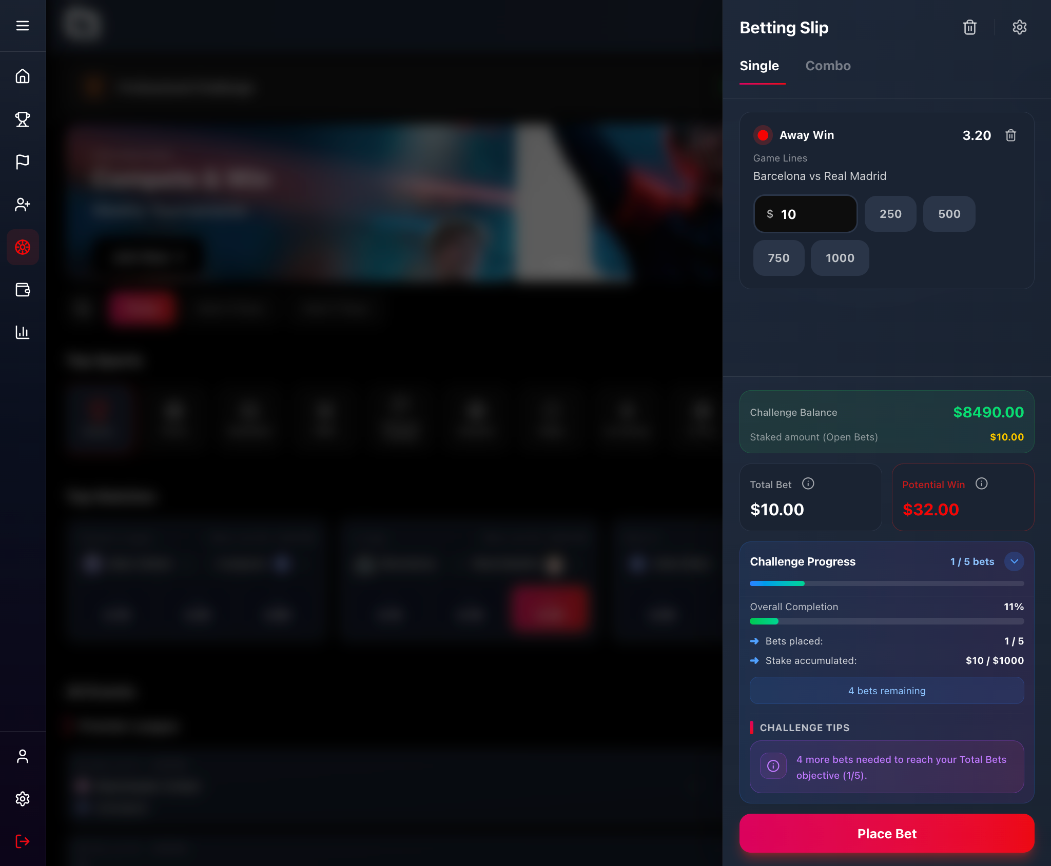 Betslip with AI challenge tips